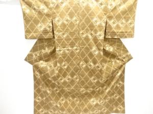 斜め格子に花模様織り出し手織り紬単衣着物